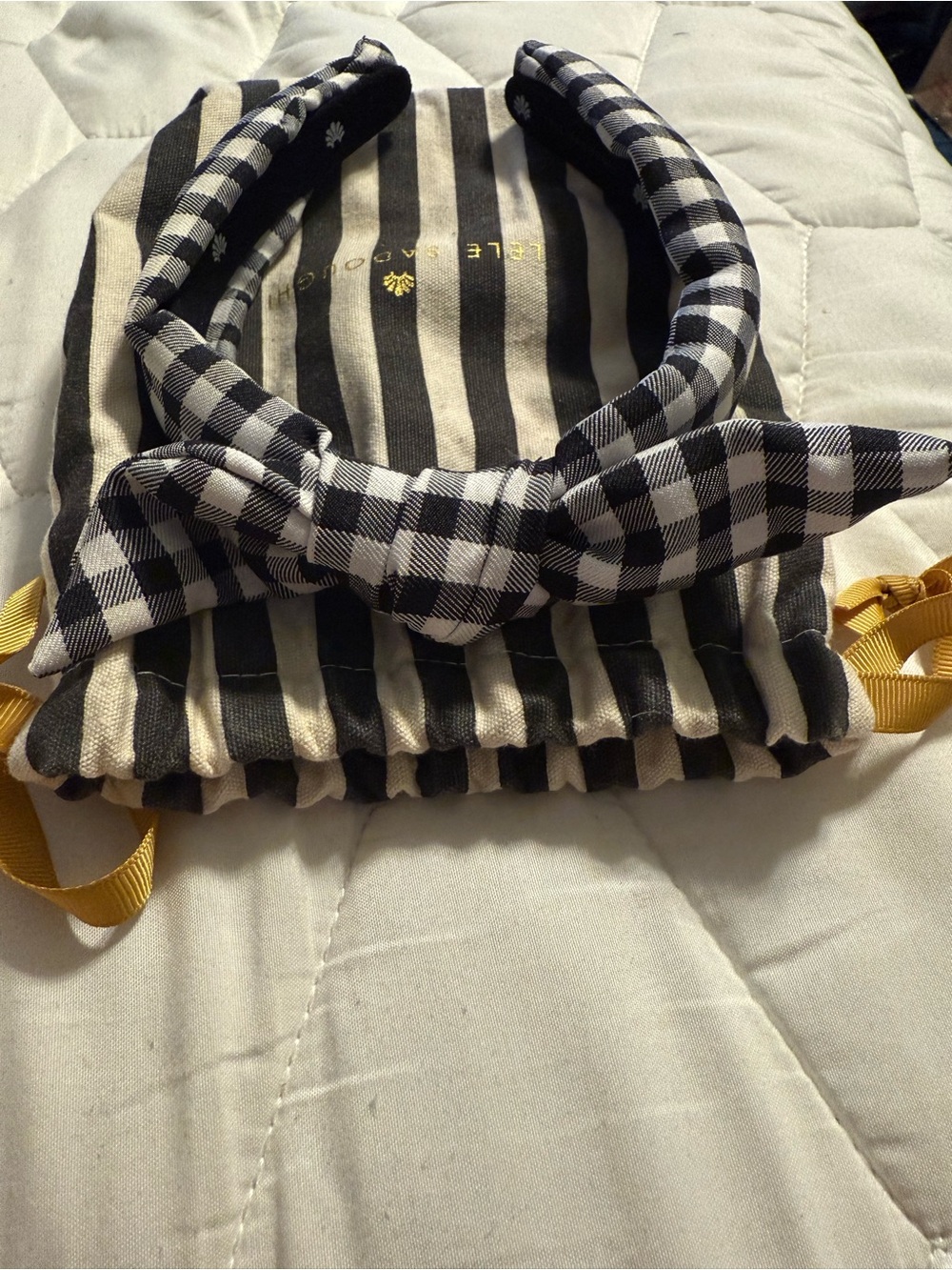 Lele Sadoughi-Black & White Gingham Knot Headband- Stylish Hair Accessory